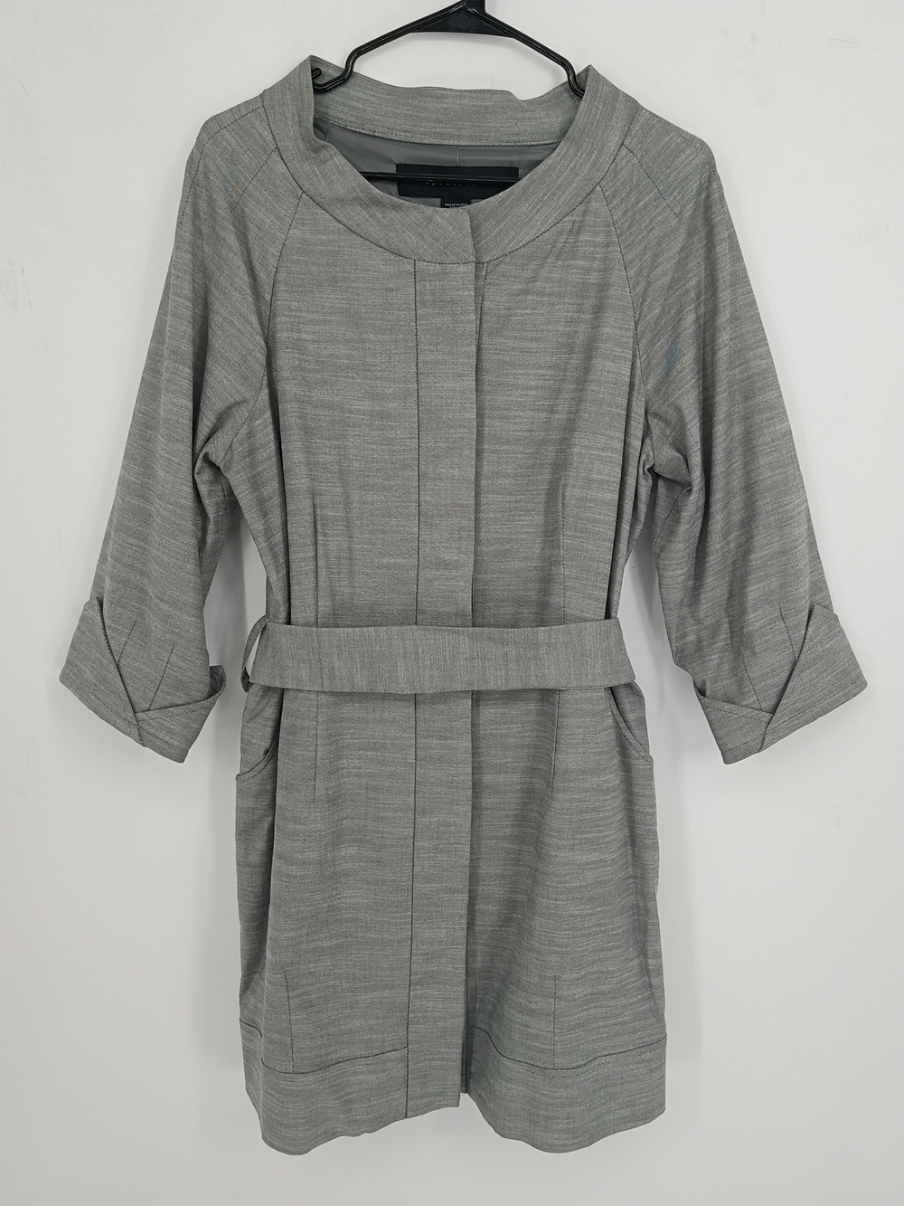 Apostrophe Gray Belted Button Down Longline Trench Coat Minimalist Office Large